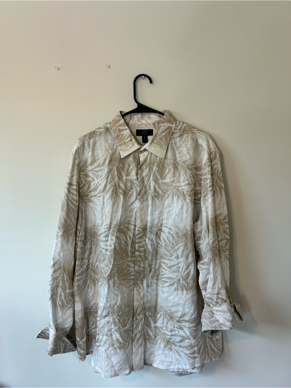 Club Room Beige and White Linen Palm-Print Shirt